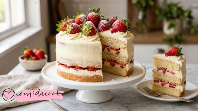 bolo de ninho com Bolo de Ninho com Morango cremoso com camadas de bolo fofinho, recheio de leite Ninho e morangos frescos