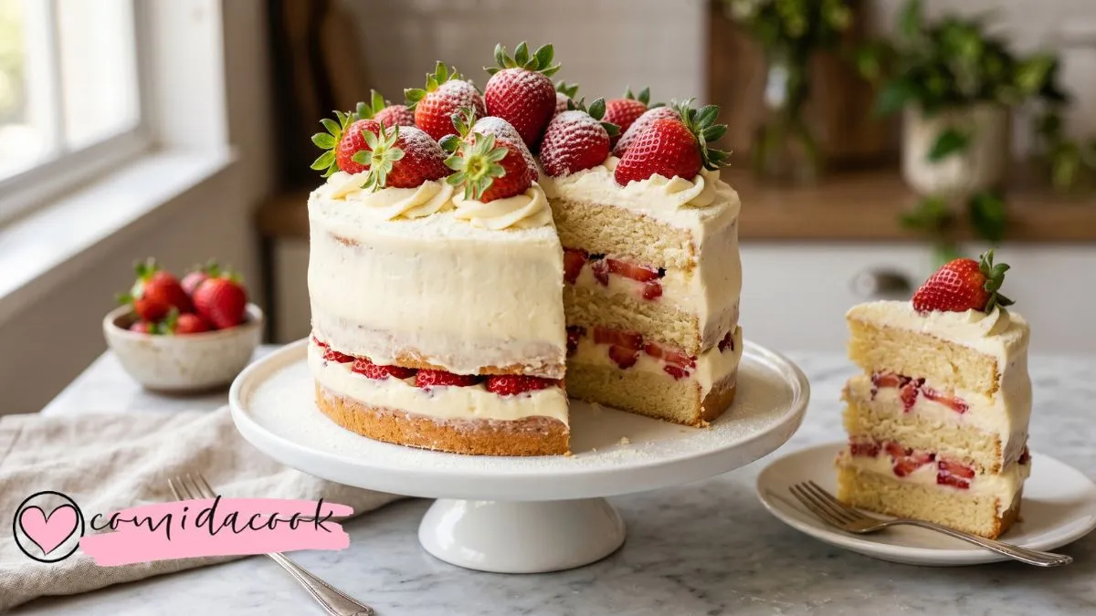 bolo de ninho com Bolo de Ninho com Morango cremoso com camadas de bolo fofinho, recheio de leite Ninho e morangos frescos